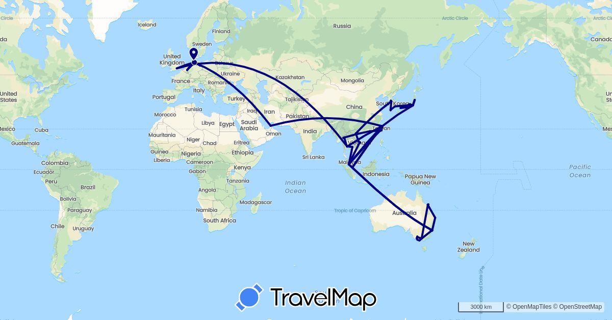 TravelMap itinerary: driving in United Arab Emirates, Australia, China, Germany, United Kingdom, Japan, Cambodia, South Korea, Malaysia, Netherlands, Singapore, Thailand, Taiwan, Vietnam (Asia, Europe, Oceania)